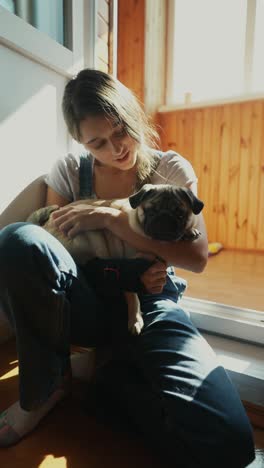 woman holding a pug puppy