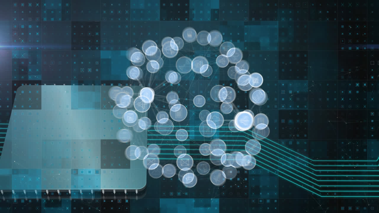 Animation of expanding technological icons over blue pixels