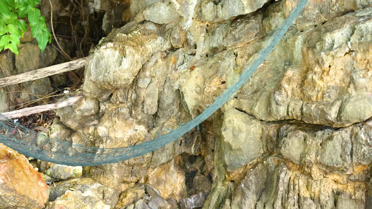 рыболовная сеть, висящая на скалистой скале.