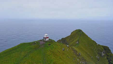 circular drone footage of the kallur lighthouse on the kalsoy island in the faroe islands