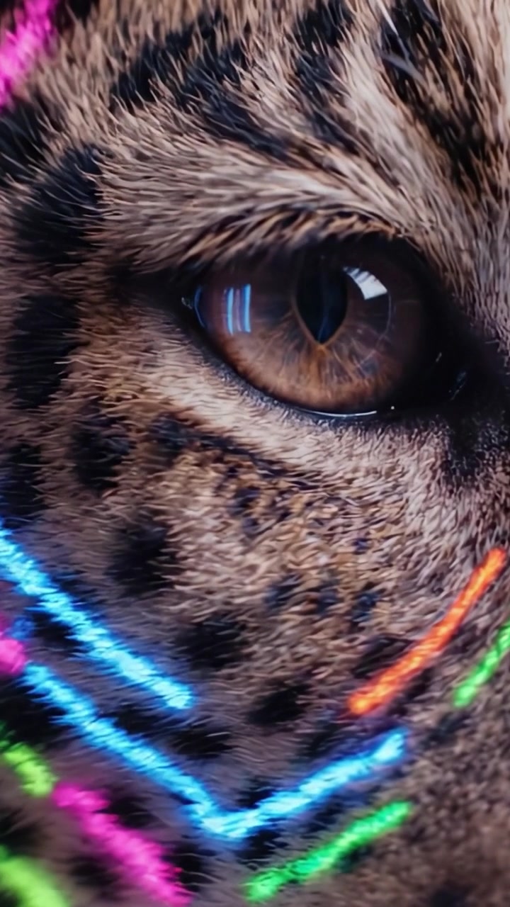 Un Primer Plano del Impresionante Rostro de un Leopardo, Mostrando su Intrincado Patrón de Pelaje y Resaltado por Vibrantes Rayas de Neón que Añaden un Toque Artístico Hipnotizante a su Belleza Natural