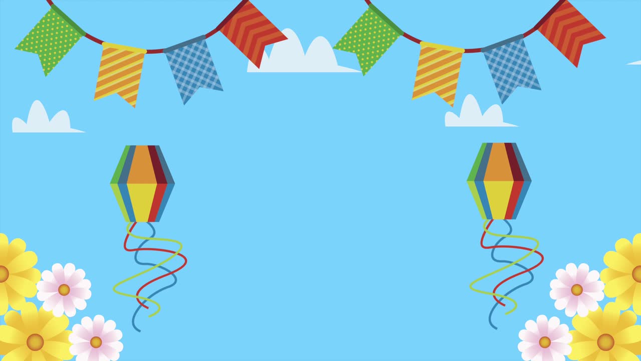 animación de festa junina con cometas y guirnaldas