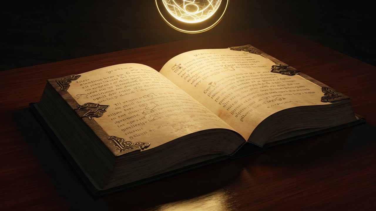 An Enchanted Open Book Under a Magical Light Source, Illuminating Ancient Pages Filled with Intriguing Texts and Mystical Symbols, Evoking a Sense of Wonder and Knowledge