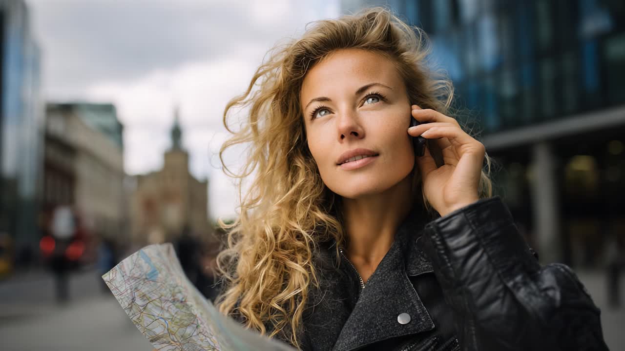 Donna sicura che esplora le vie della città mentre parla al telefono con una mappa in mano, catturando l'essenza dell'esplorazione e dell'avventura urbana