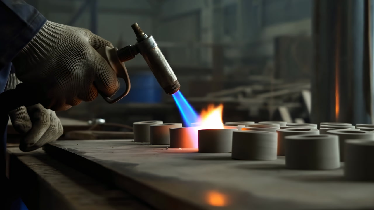 Gloved Hands Using Blowtorch On Metal Parts, Industrial Workshop Closeup Shows Technician Undetermined Race