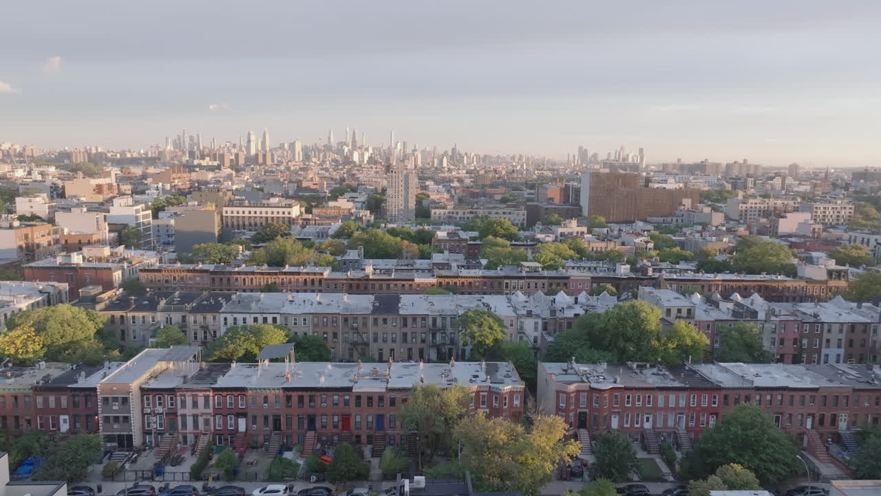 Aerial View of New York City Neighborhood at Sunset