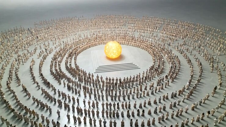 Glowing central orb causing concentric figurines shifting subtly on gallery floor, five dark steps