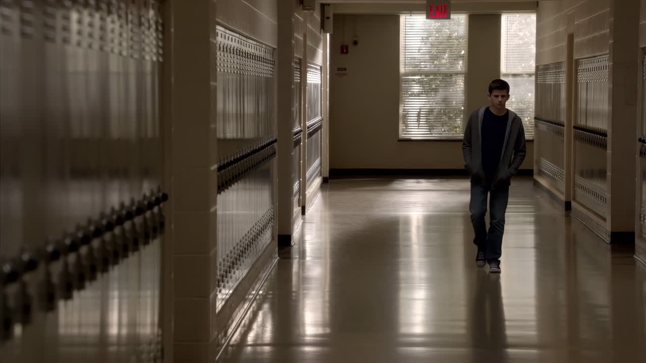 Young Man Walking Down a School Hallway