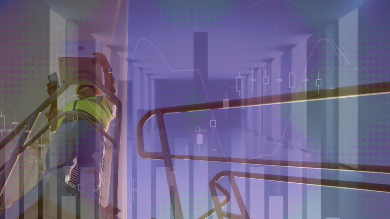 animación de gráficos sobre ángulo bajo de ingeniero biracial y turbina eólica