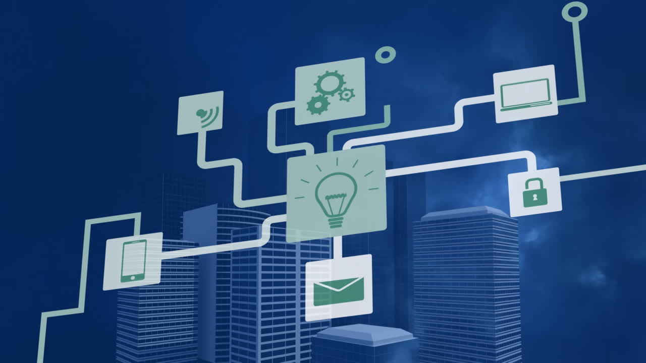 Animation of media icons over cityscape