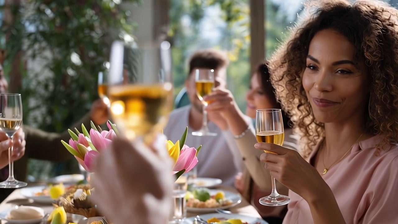 Gruppo eterogeneo di amici che brindano con calici di vino a una festa.