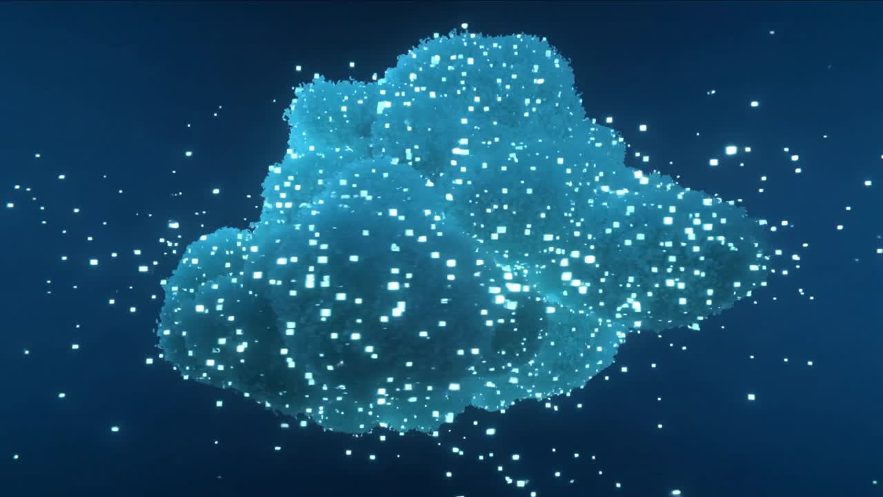 Rotating glowing blue particle cloud shedding small cubes in dark blue field, from light pulses