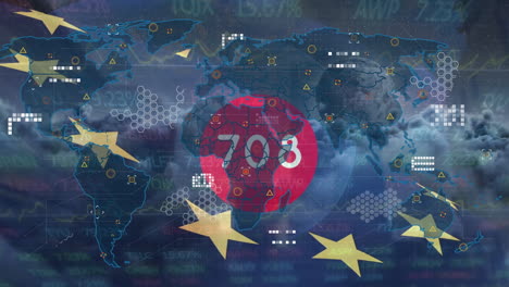 animation loop of numbers in circle with map and european union flag against cloudscape and moon