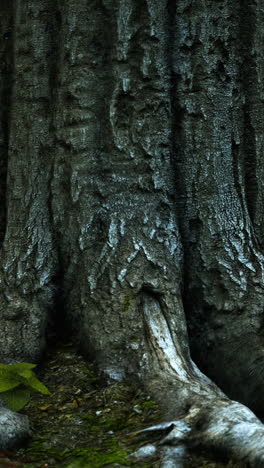 close up of a tree trunk with roots and bark