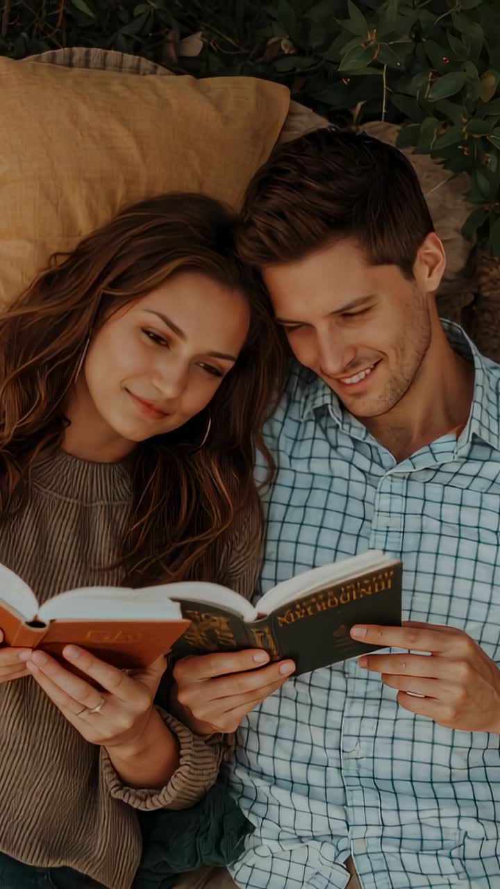 Video verticale: pagina che si gira, coppia appoggiata l'uno all'altra mentre legge libri arancioni e verdi su una coperta