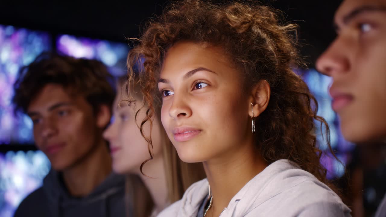 A group of young individuals are deeply engaged in a thoughtful moment, showcasing diverse expressions and interactions as they focus intently on an unseen screen, radiating curiosity and connection