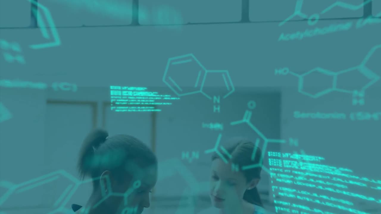 animación del procesamiento de datos y fórmulas químicas sobre los científicos