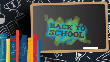 animation of back to school text over school items