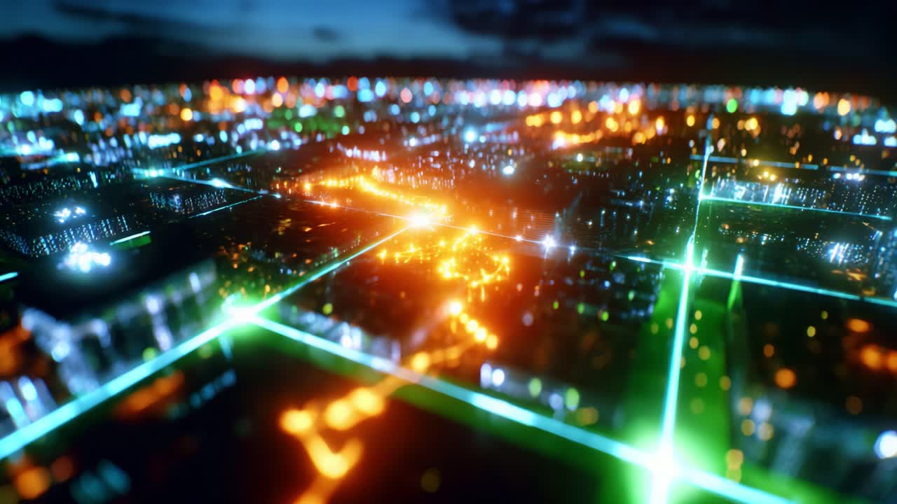 A vivid and dynamic representation of a futuristic urban landscape, illuminated by colorful lights and intricate glowing pathways, showcasing the interplay of technology and architecture in a mesmerizing visual spectacle