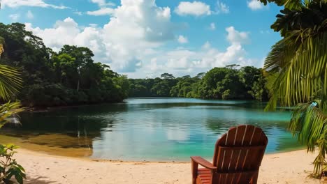 a wooden chair sitting on a sandy beach next to a body of water