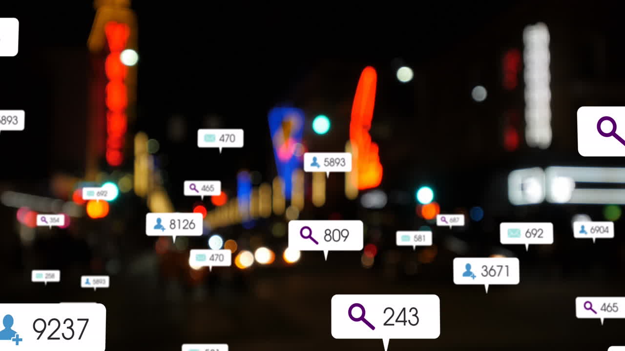 Animation of social media icons and numbers over road traffic and cityscape
