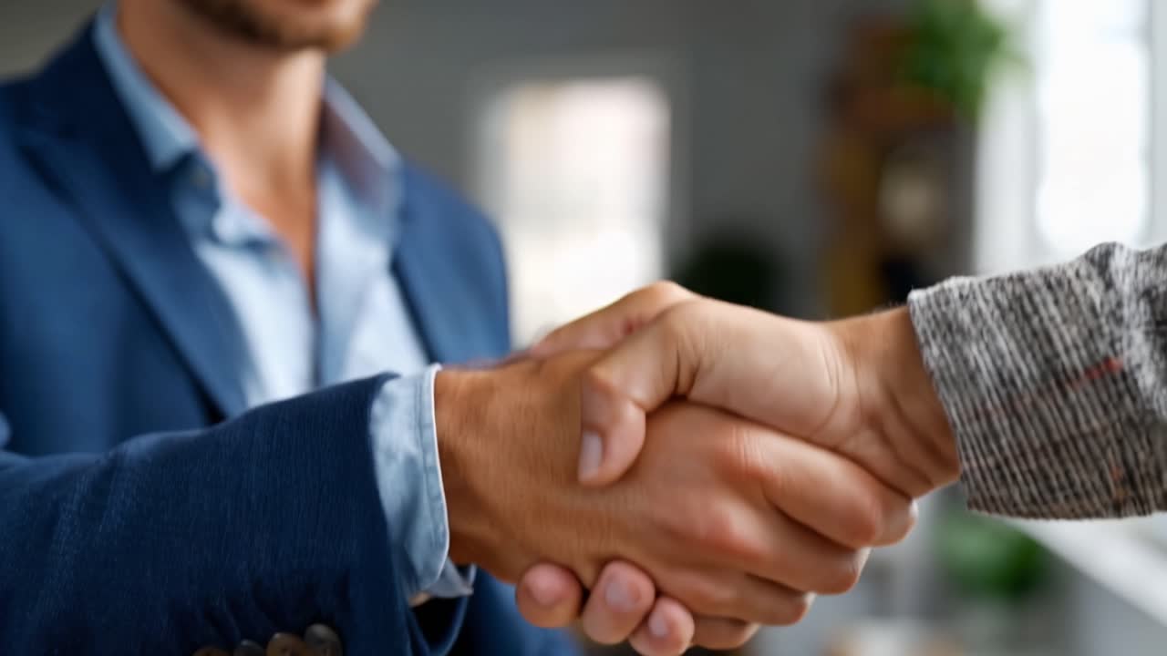 Stretta di mano tra due individui che simboleggia accordo e connessione professionale in un moderno ambiente di lavoro, rappresentando fiducia e collaborazione