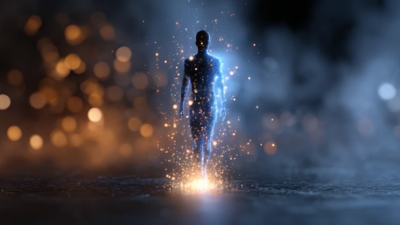 Illuminated Figure Emerges from a Sparkling Horizon, Representing Transformation and Energy in a Mystical, Dreamlike Atmosphere with Vibrant Coloration
