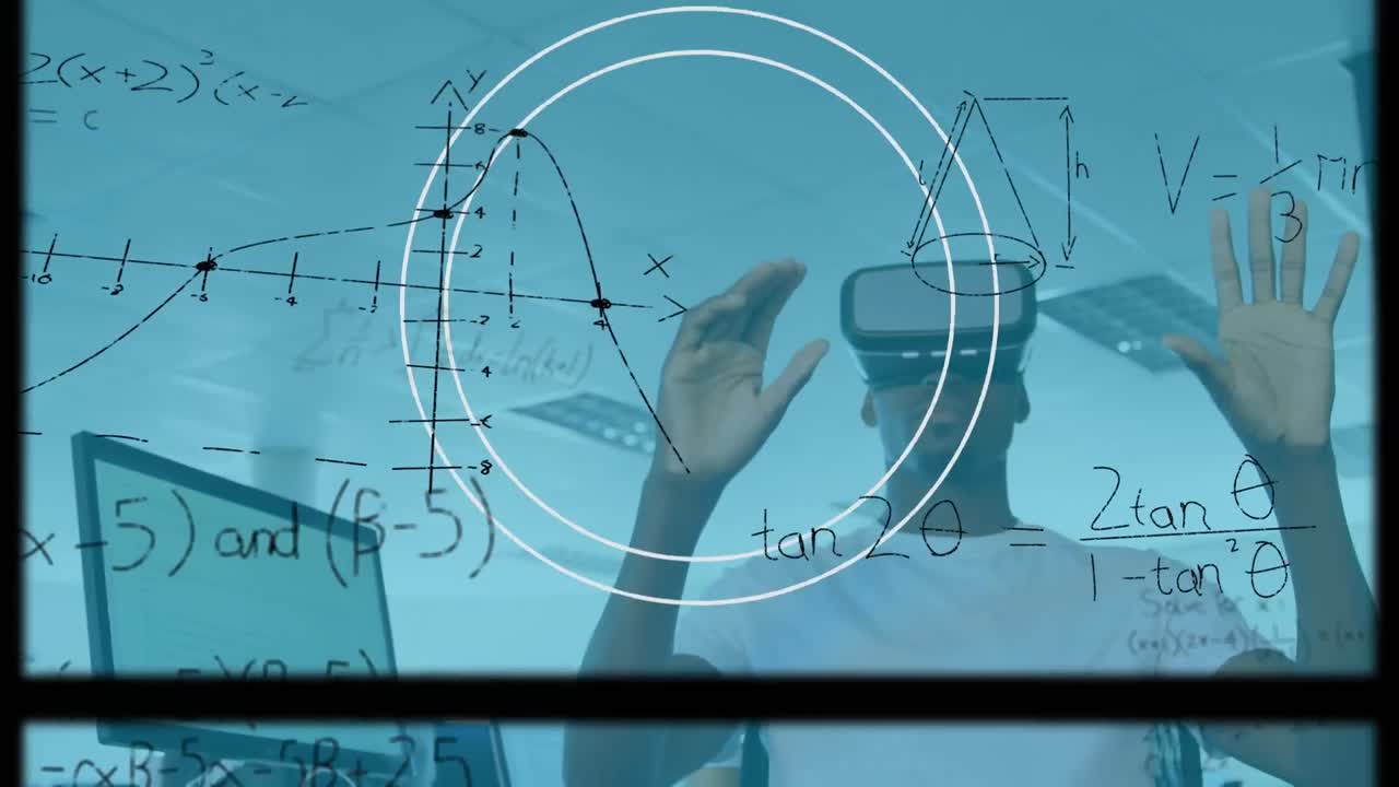 vr 헤드 ⁇ 을 사용하는 사업가에 대한 수학 수식의 애니메이션