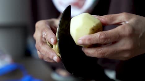 a person uses a traditional vegetable cutter to peel potatoes, prepare food for cooking, and emphasize a vegetarian diet concept