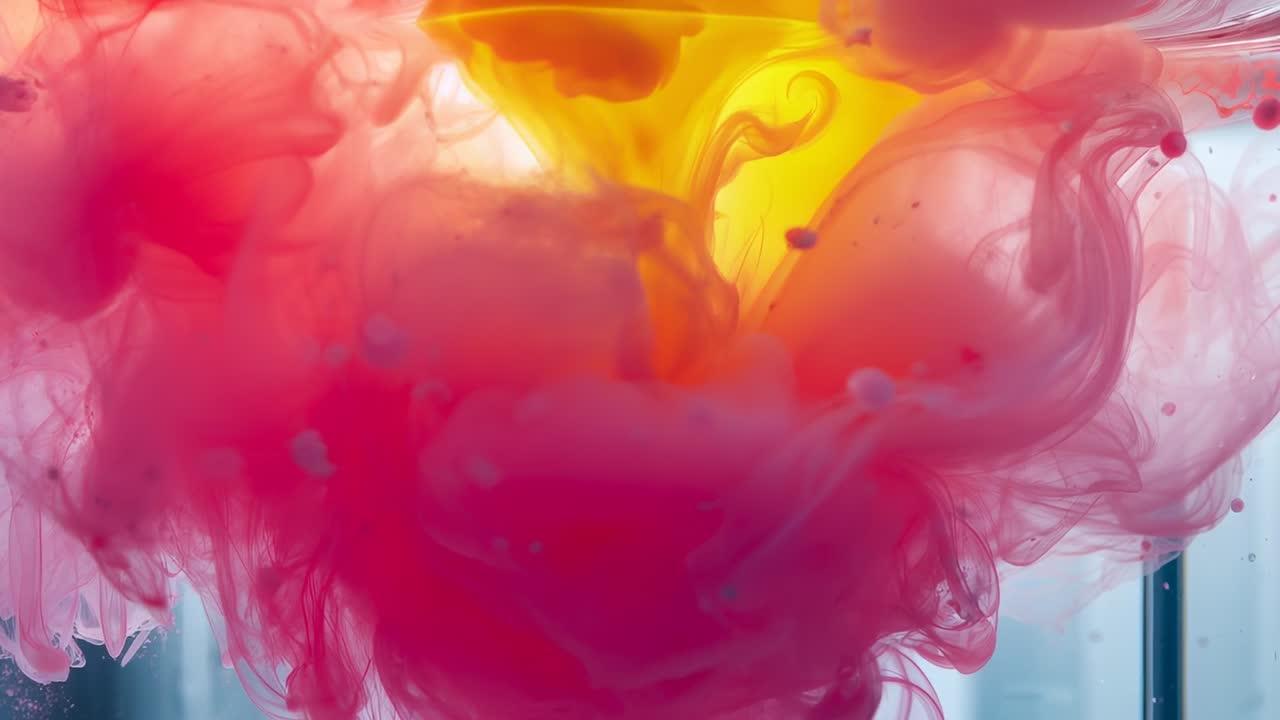 Tetesan kuning-oranye yang jatuh bertemu awan magenta di tangki kaca, bercampur untuk menciptakan gradien warna