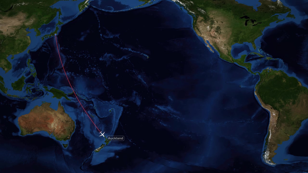 A white airplane icon travels along a red line across a satellite world map view