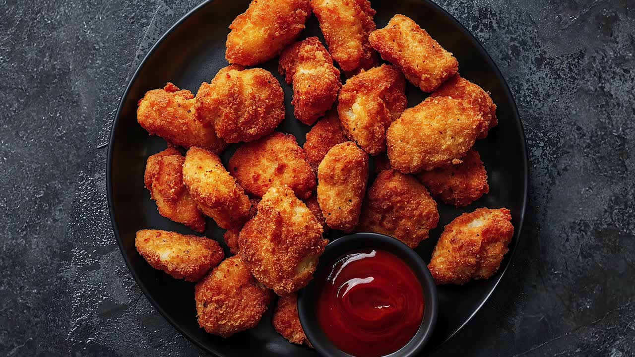 nuggets de pollo crujientes con ketchup en un plato negro