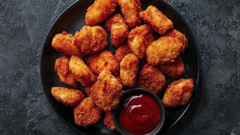 Knusprige-Chicken-Nuggets-Mit-Ketchup-Auf-Schwarzem-Teller