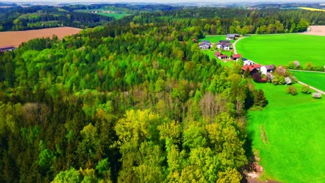 Vista-Aérea-Del-Vibrante-Bosque-Verde-Con-Tierras-De-Cultivo-Cercanas-Y-Casas-Rurales.