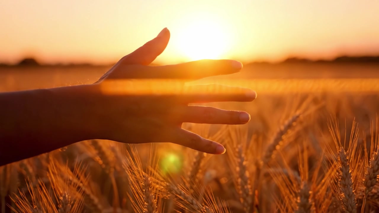 En hånd strekker seg etter den gylne hveten under en rolig solnedgang, som fanger essensen av naturens overflod og skjønnheten i et fredelig kveldslandskap.