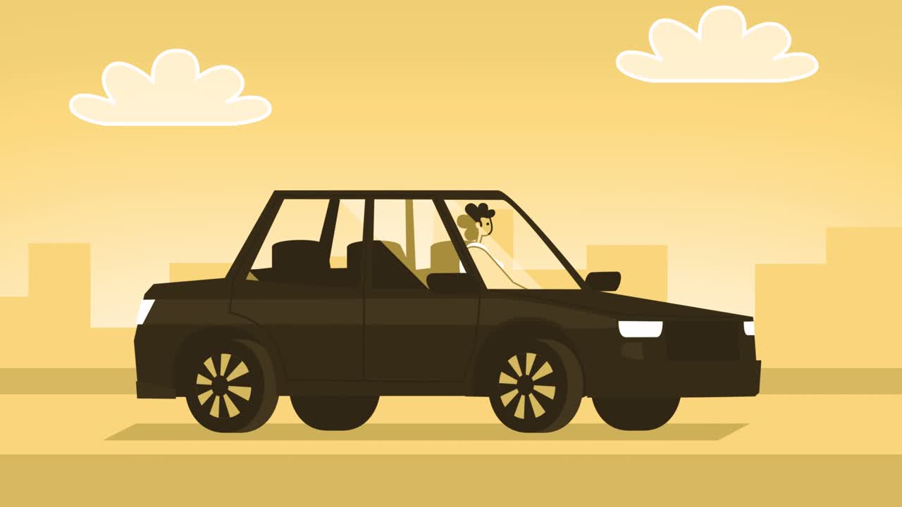 노란색 스타일의 여성 평평한 캐릭터가 검은색 차를 운전합니다. 알파 채널과 함께 고립된 루프 애니메이션