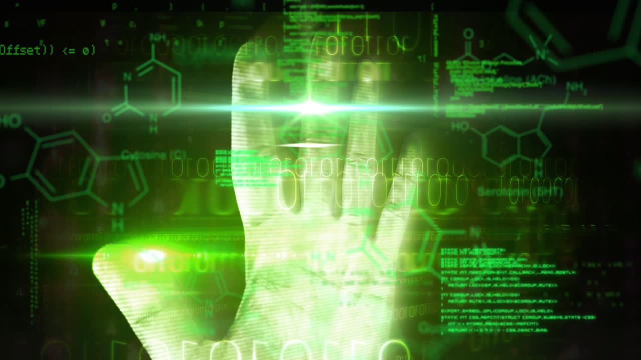 animación del procesamiento de datos, presionado a mano en una pantalla interactiva y estructuras de compuestos químicos