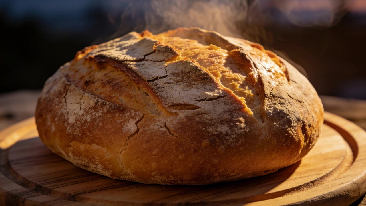 Pagnotta artigianale rotonda appena sfornata che emette vapore, si raffredda su un tagliere sul tavolo di una panetteria, con luce calda sulla crosta.