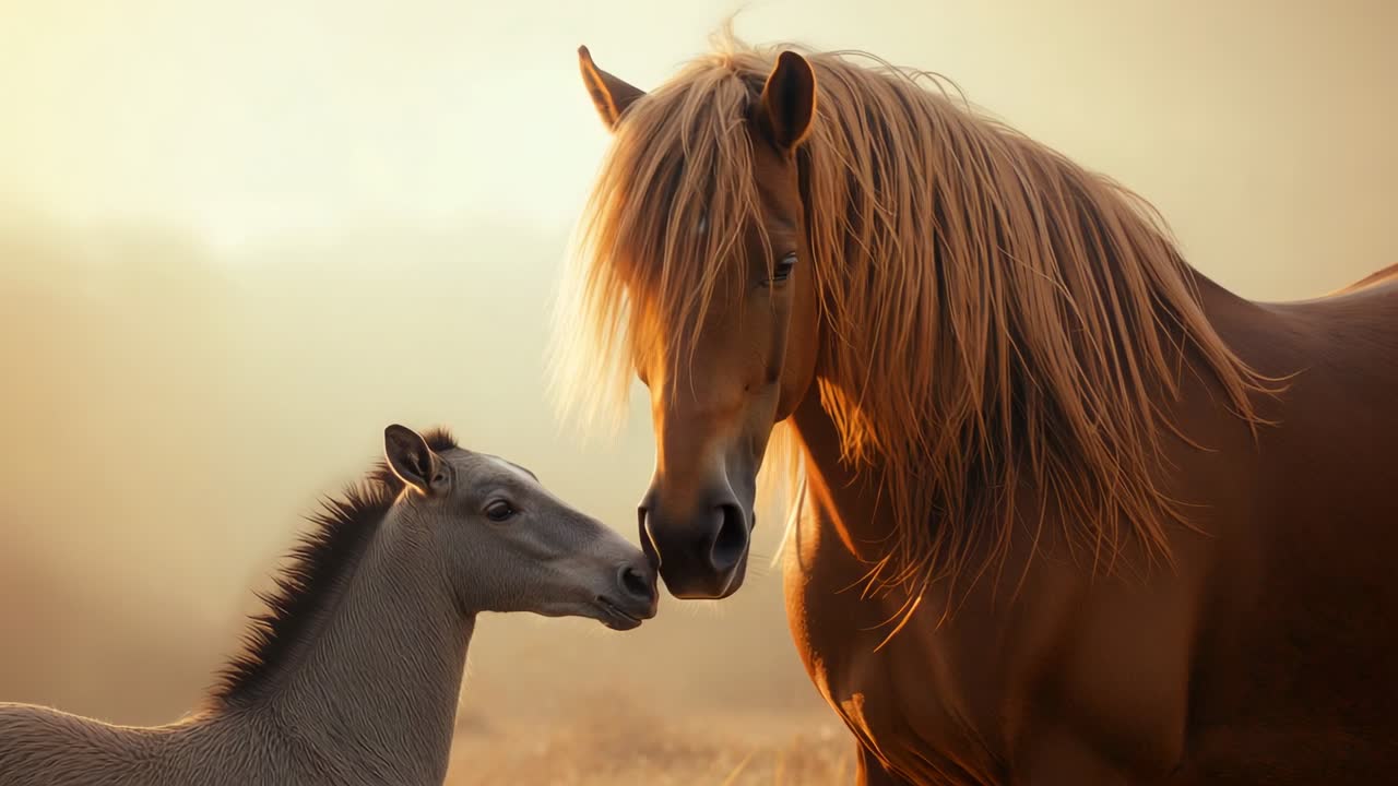 Fohlen, das an der Schnauze einer Stute in einer goldenen Nebelweide bei Sonnenaufgang schnuppert und zu einer kuscheligen Halsberührung führt, um eine Bindung aufzubauen