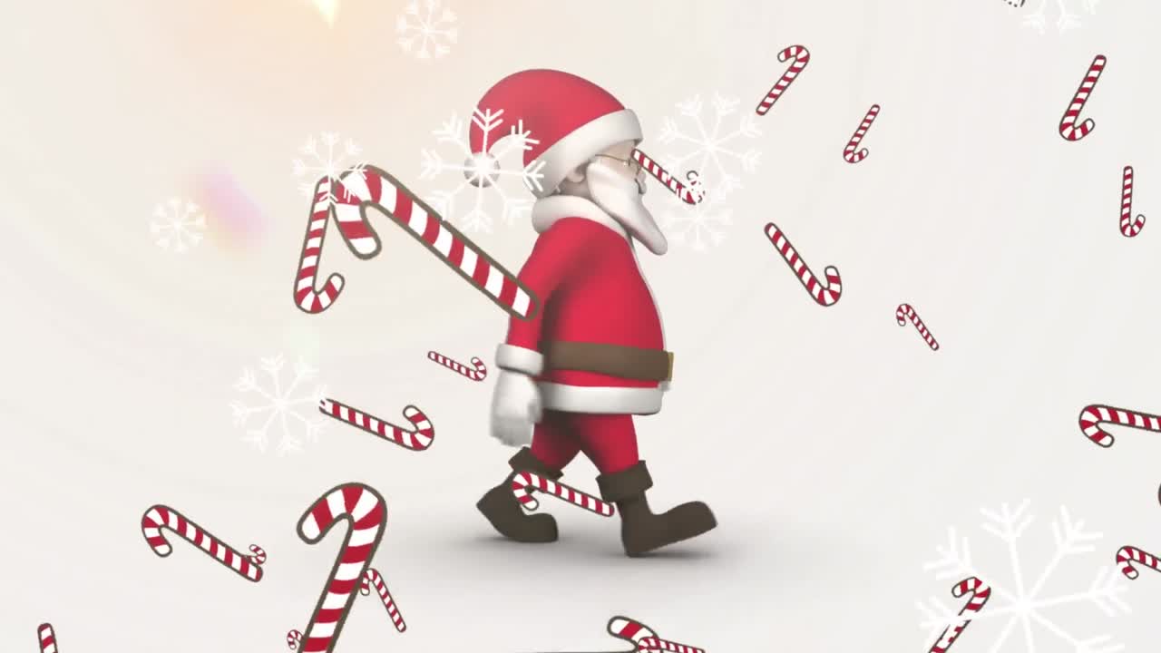 animación de nieve y bastones de caramelo cayendo sobre santa claus caminando