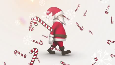 Animation-of-snow-and-candy-canes-falling-over-santa-claus-walking