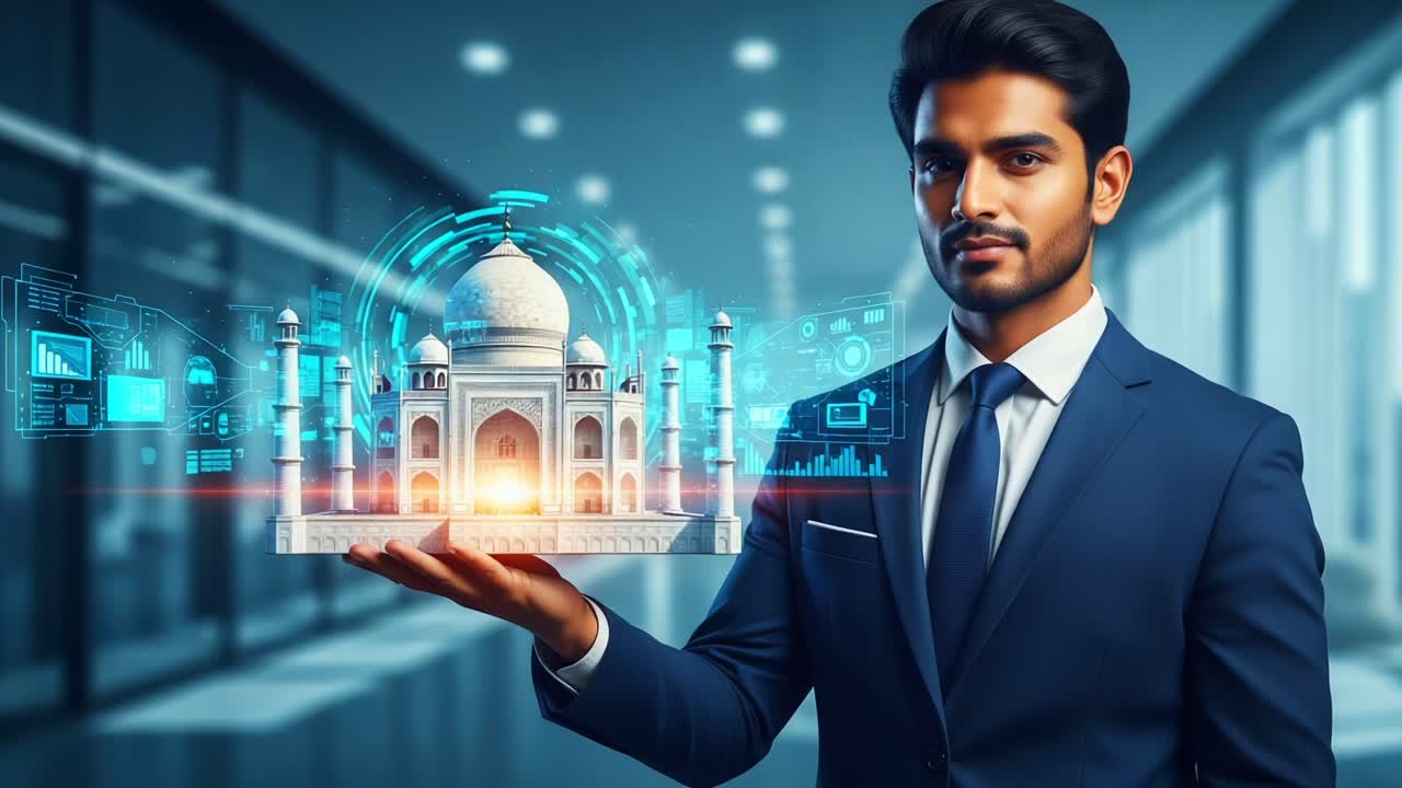 A Professional Man in a Suit Showcases a 3D Model of an Iconic Monument Against a Futuristic Digital Background, Signifying Innovation and Cultural Heritage