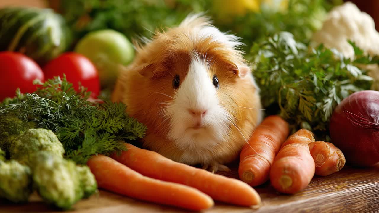 A Cute Guinea Pig Surrounded by Fresh Vegetables and Herbs on a Wooden Surface: A Charming Scene of Nature's Bounty and Adorable Companionship