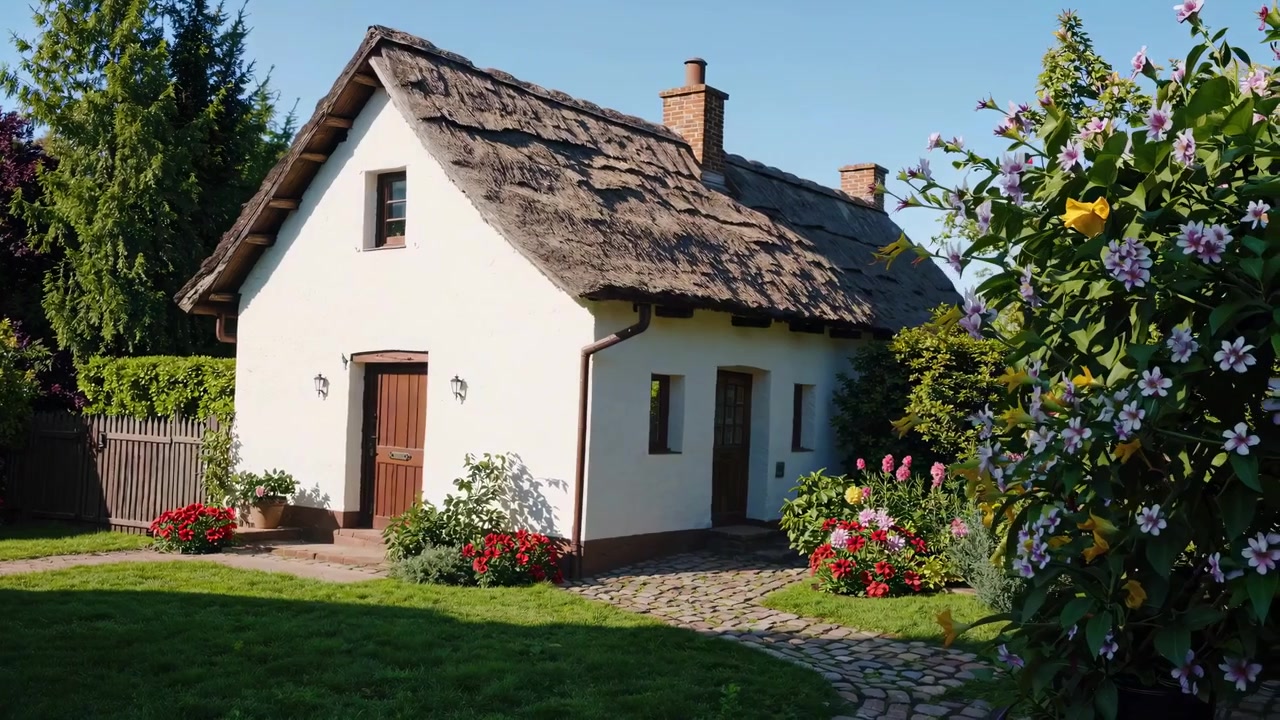 Charmantes Reetdachhaus mit leuchtenden Gartenblumen