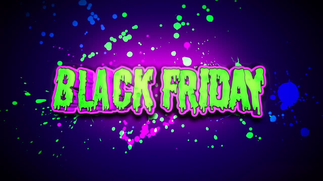 texto de dibujos animados de viernes negro verde con salpicaduras de tinta en textura azul