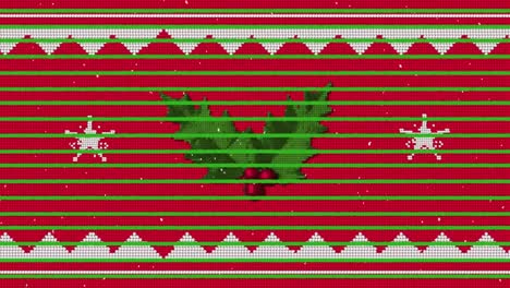 rayas verdes y nieve cayendo sobre la rama de acebo y bayas en el patrón tradicional de navidad roja