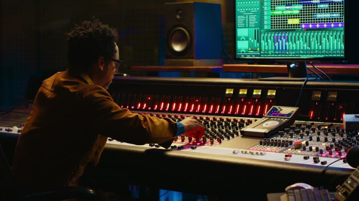 Esperto audio afroamericano che aggiunge effetti sonori alle tracce in post-produzione