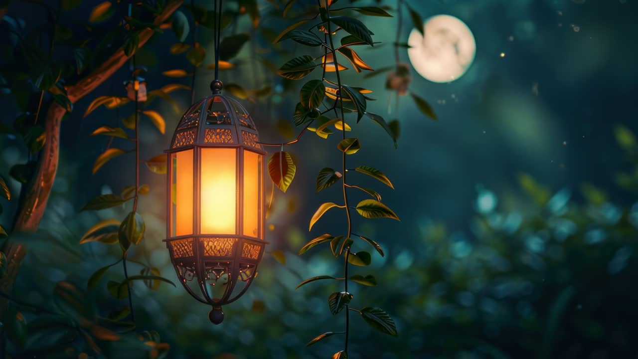 Una scena video serena di una lanterna luminosa in un giardino di notte, ripresa da un'angolazione laterale