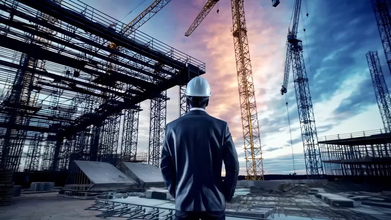 Low-angle shot of a construction site at sunset, featuring a worker in a hard hat