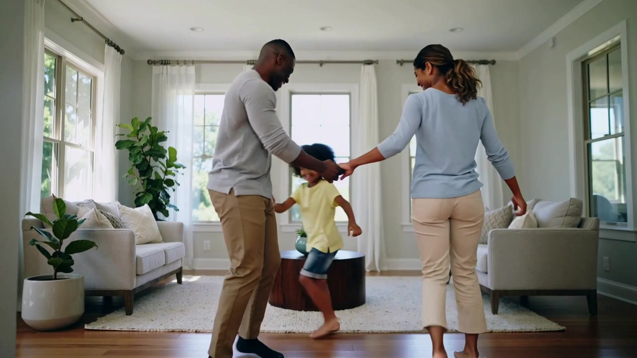 Spinning parents playing, holding child's hands around coffee table at home, child in yellow tee